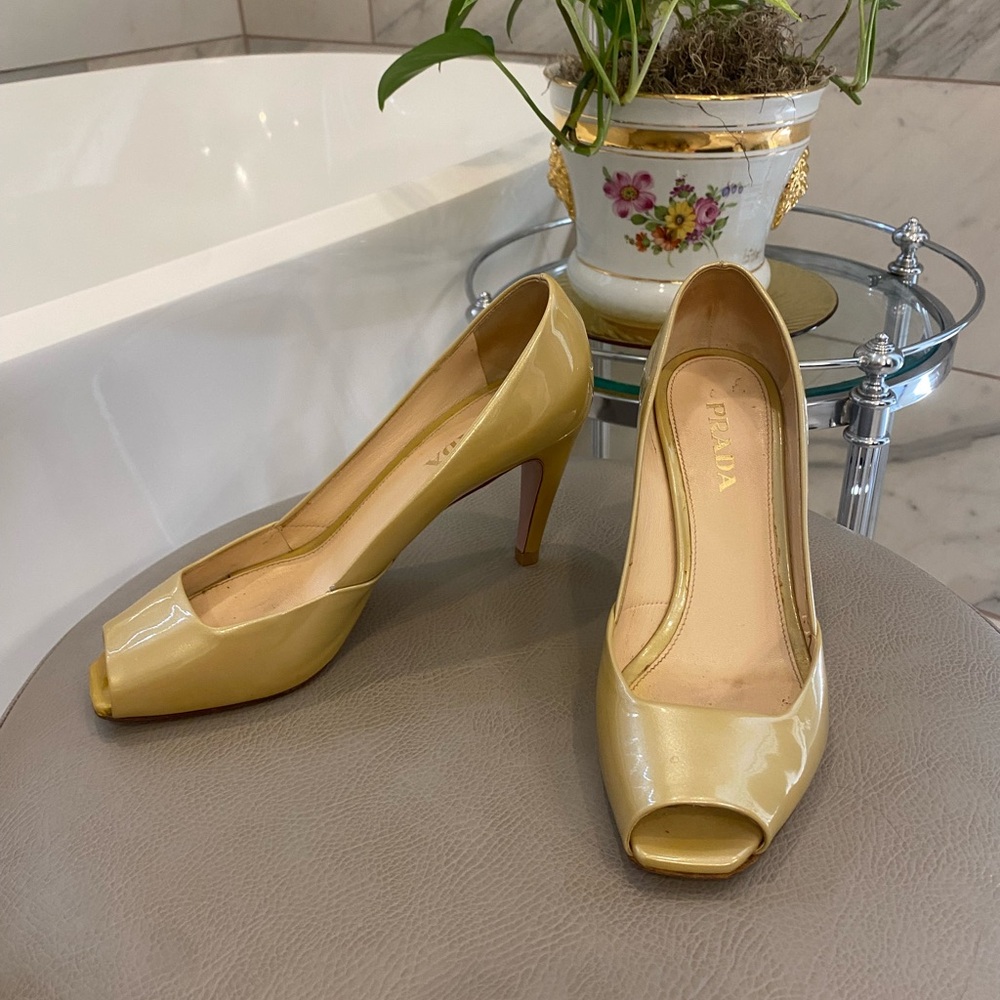 Auth Nude Beige Prada Peep Toe Heels 37
